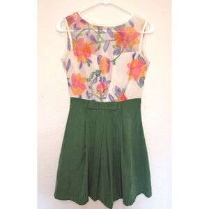 Vintage Floral Green Fit and Flare Dress Small Retro Garden Party Mod